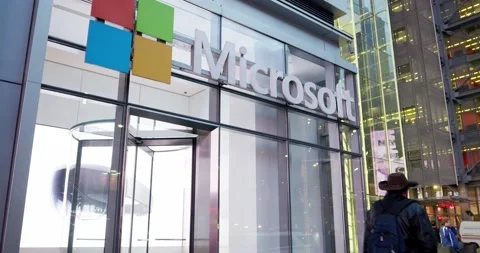 Microsoft store entrance in NYC. Microsoft logo above shop door Video stock 219874786