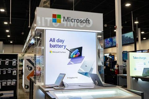 Microsoft Surface laptop and tablet display in electronics store. Toronto, Stock Photos