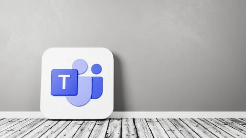 Microsoft Teams Logo 3D Symbol Shape on Wooden Floor Against Gray Wall with C Illustrazione stock