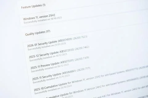 Microsoft Windows operating system update history page on a computer monitor 写真素材