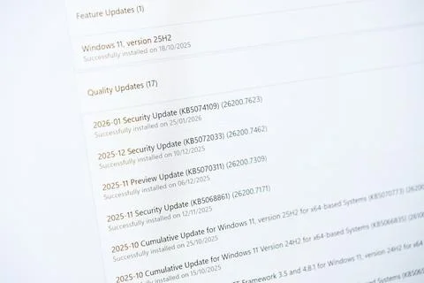 Microsoft Windows operating system update history screen showing installed 写真素材