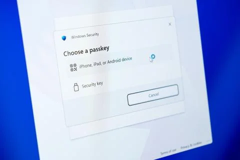 Microsoft Windows Security dialog box prompting to choose a passkey for digital Stock Photos