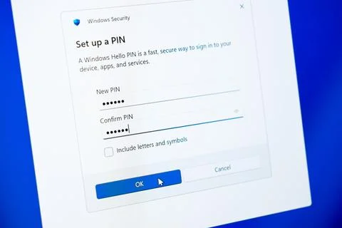 Microsoft Windows Security interface prompting a user to create a personal Stock Photos