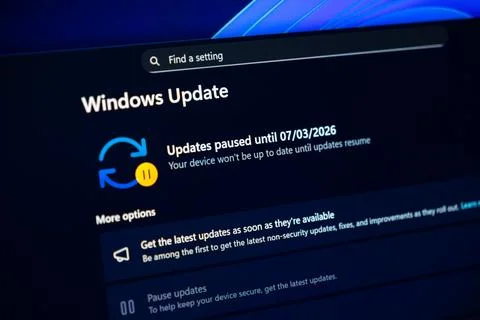 Microsoft Windows Update settings screen on a dark computer monitor displaying 写真素材