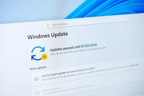 Microsoft Windows Update settings screen displayed on a monitor, showing a 写真素材