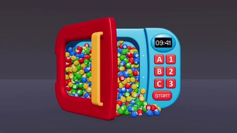 Microwave and Balls Drop Candy 3d animation Stock Footage 141429128