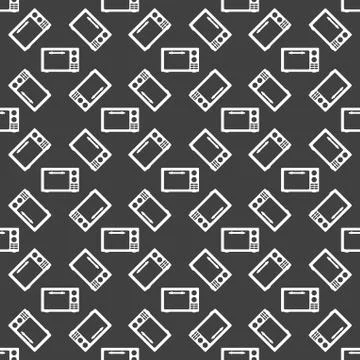 Microwave. kitchen equipment web icon. flat design. Seamless gray pattern. Stock Illustration