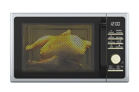 Microwave oven with chicken inside. 3D rendering Stock Illustration