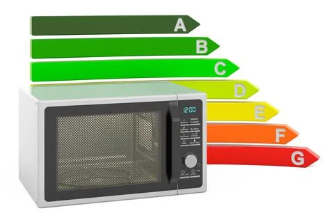 Microwave oven with energy efficiency chart, 3D rendering Stock Illustration