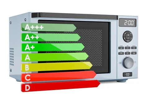 Microwave oven with energy efficiency chart, 3D rendering Stock Illustration