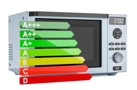 Microwave oven with energy efficiency chart, 3D rendering Microwave oven w... Stock Photos