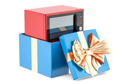 Microwave oven inside gift box, gift concept. 3D rendering Stock Illustration