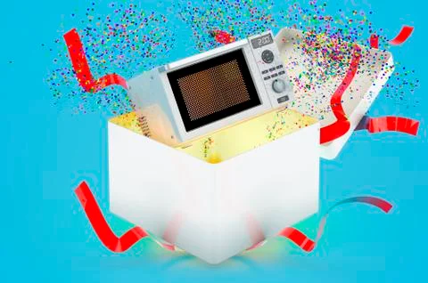 Microwave oven inside gift box, gift concept. 3D rendering Stock Illustration
