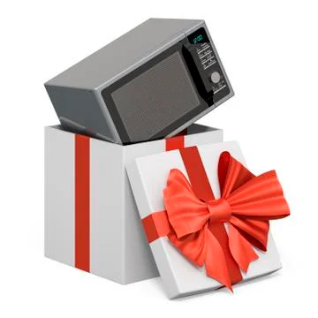 Microwave oven inside gift box, present concept. 3D rendering Stock Illustration