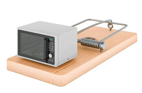 Microwave oven inside mousetrap, 3D rendering Stock Illustration