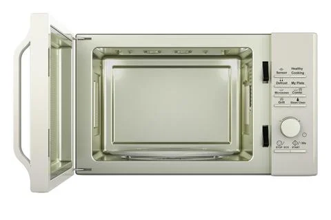 Microwave oven with opened door, front view. 3D rendering Stock-Illustration