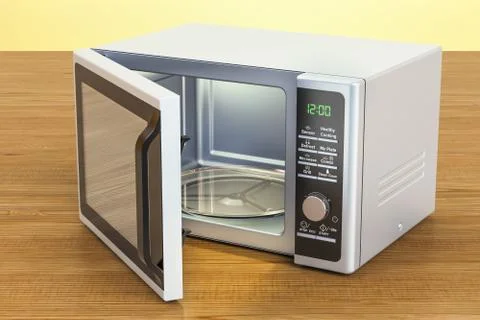 Microwave on the wooden table. 3D rendering Stock-Illustration
