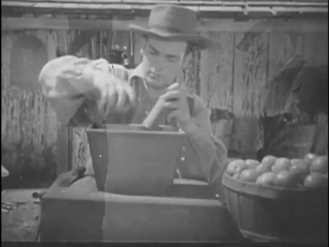 A mid 1800s farmer's son makes pulp form tomatoes in a grinding machine, and a Stock Footage 75000685