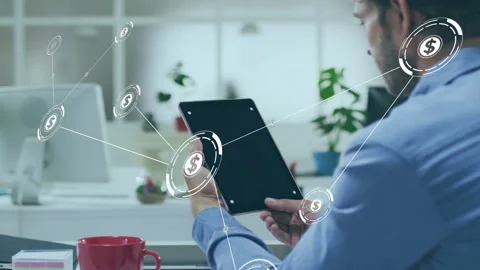 Mid-adult man tapping tablet and animated dollar nodes emerging and linking Stock Footage 335465718