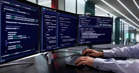 Mid-Age Caucasian Man Developing Cybersecurity Software Code On Computer Scre Stock Photos
