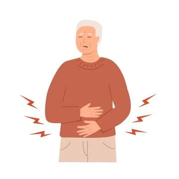 Mid age man having an abdominal pain. Sick old senior citizen feeling unwell and Illustrazione stock