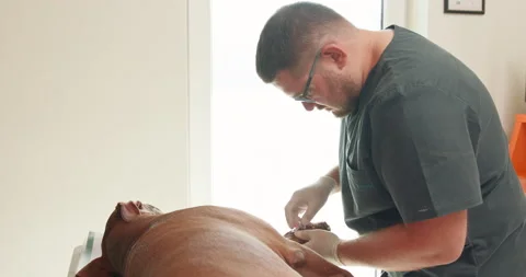 Mid-aged bearded veterinarian inserts a catheter into the blood vessels on the Stock Footage 140154193
