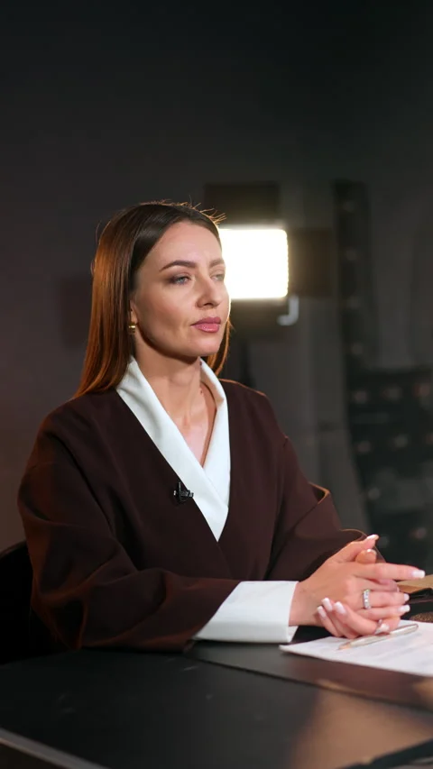 Mid-aged Caucasian lady sitting in the studio in the light of soffits. Vídeo Stock 309801672