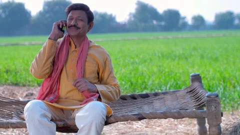 A mid-aged farmer talking on his smartphone while - chaarpai , green wheat fi... Stock Footage 248605341