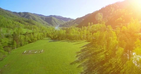 Mid-air flight over fresh mountain river and meadow at sunny summer morning Stock Footage
