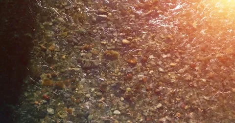 Mid air flight over fresh and clean mountain river at sunny summer morning. Top Stock Footage 81640681