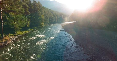 Mid air flight over fresh and clean mountain river at sunny summer morning Stock Footage 129261903