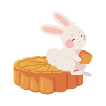 Mid autumn rabbit sitting on a giant moon cake Stock Illustration