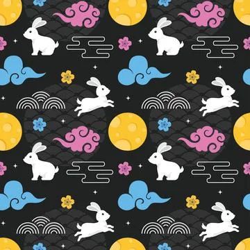 Mid Autumn Seamless Pattern Design with Decorative Elements in Hand Drawn C.. イラスト素材