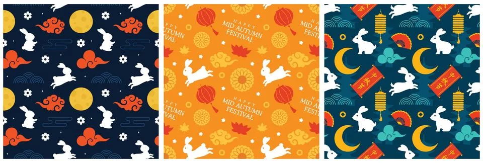 Mid Autumn Seamless Pattern Design with Decorative Elements in Hand Drawn C.. Stock Illustration