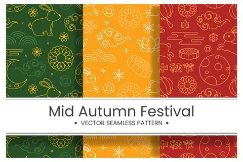 Mid Autumn Seamless Pattern Design with Decorative Elements in Hand Drawn C.. Stock Illustration
