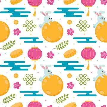 Mid Autumn Seamless Pattern Design with Decorative Elements in Hand Drawn C.. イラスト素材