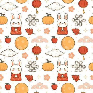 Mid Autumn Seamless Pattern Design with Decorative Elements in Hand Drawn C.. イラスト素材