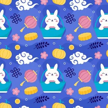 Mid Autumn Seamless Pattern Design with Decorative Elements in Hand Drawn C.. Illustrazione stock