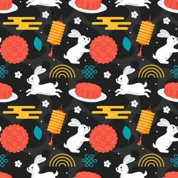 Mid Autumn Seamless Pattern Design with Decorative Elements in Hand Drawn C.. 스톡 일러스트