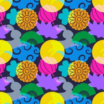 Mid Autumn Seamless Pattern Design with Decorative Elements in Hand Drawn C.. 스톡 일러스트