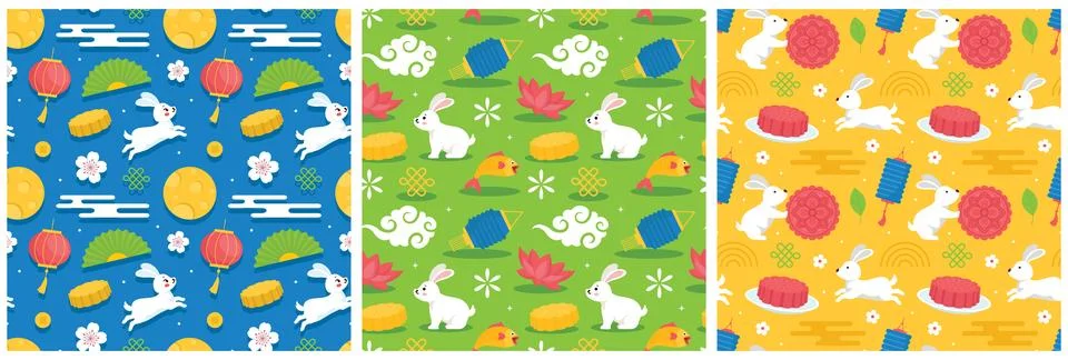 Mid Autumn Seamless Pattern Design with Decorative Elements in Hand Drawn C.. Stock Illustration