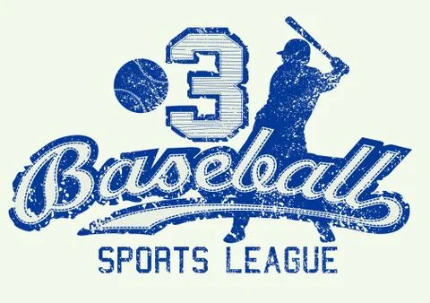 Mid blue baseball distressed print with player Stock Illustration