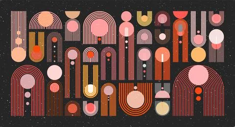 Mid century arch, circle elements, modern geometric shapes with grunge texture Stock Illustration