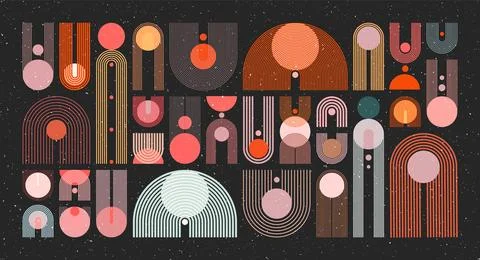 Mid century arch, circle elements, modern geometric shapes with grunge texture Stock Illustration