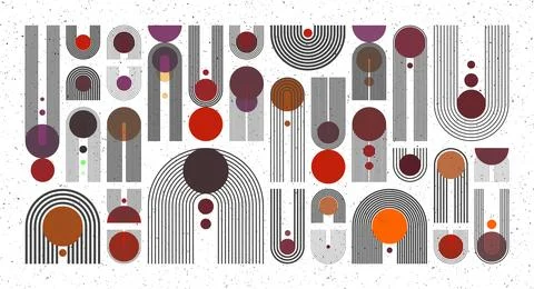 Mid century arch, circle elements, modern geometric shapes with grunge texture Illustrazione stock