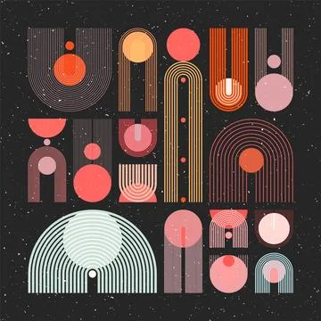 Mid century arch, circle elements, modern geometric shapes with grunge texture Illustrazione stock
