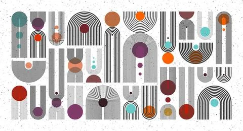 Mid century arch, circle elements, modern geometric shapes with grunge texture Stock Illustration