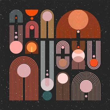 Mid century arch, circle elements, modern geometric shapes with grunge texture Illustrazione stock