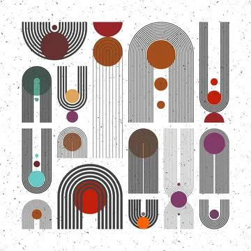 Mid century arch, circle elements, modern geometric shapes with grunge texture イラスト素材