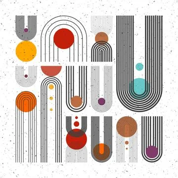 Mid century arch, circle elements, modern geometric shapes with grunge texture Stock Illustration